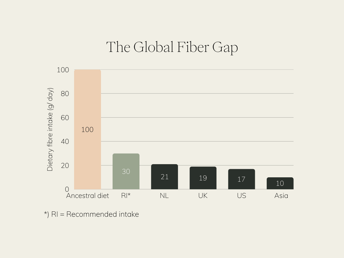 Graph comparing ancestral fiber intake (~100 g/day), modern recommendations (30 g/day), and current averages in the Netherlands, UK, US, and Asia.