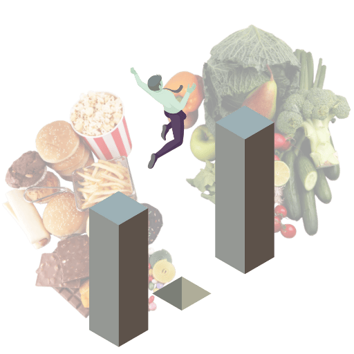 A man jumping from a junk-food platform to a healthy-food platform, symbolizing the fiber gap.